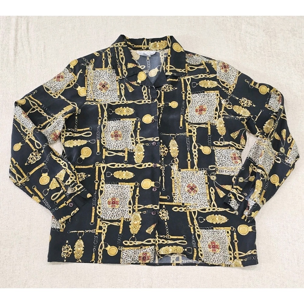 VINTAGE ANNA AND FRANK 100% Silk Chainlink Print Button Down Blouse Size Large